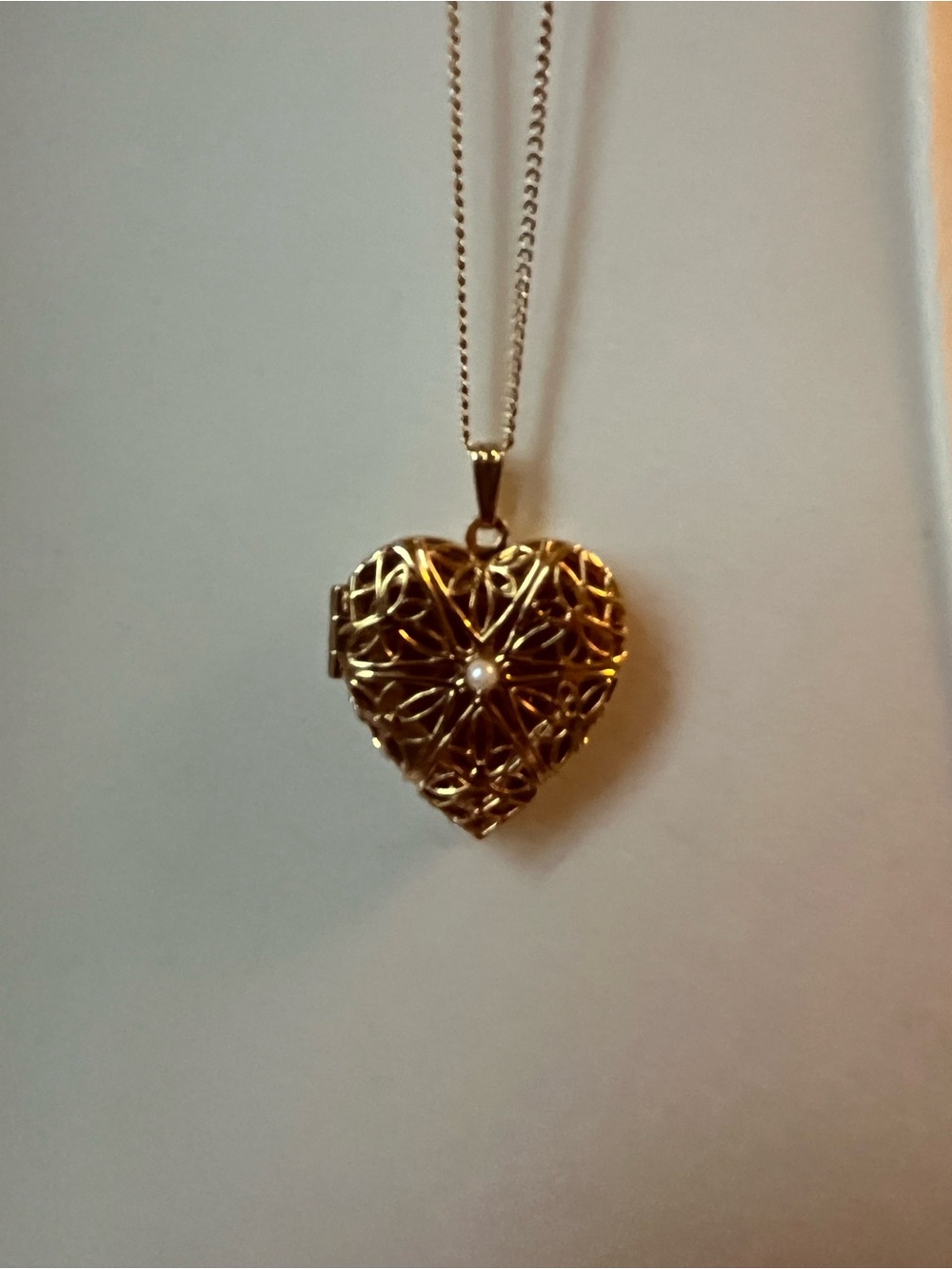 Avon Gold-Tone Heart Filigree Locket Necklace with Pearl Accent